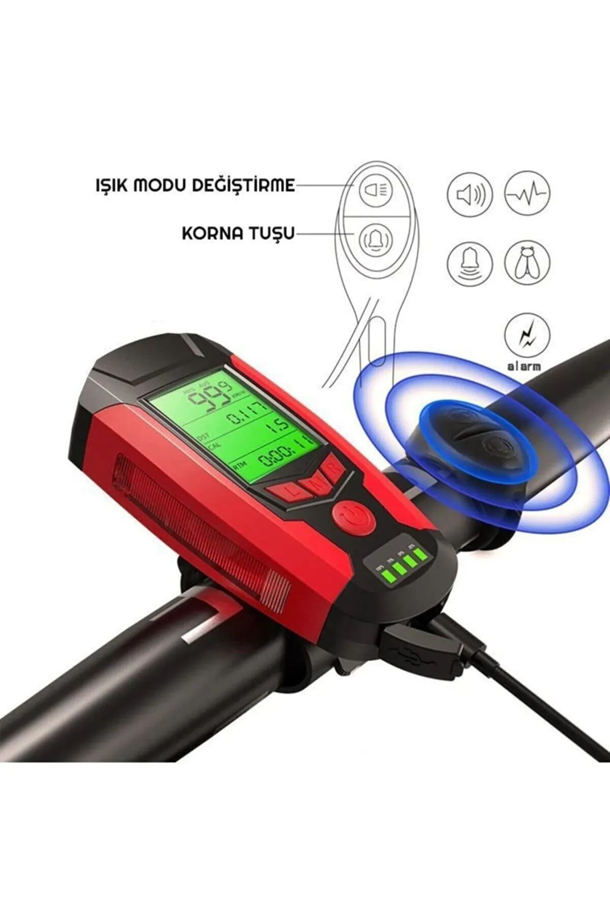 Streak Bisiklet Led Fener Alarm Siren Km Hız Göstergesi Sayacı Su Geçirmez Lcd İkaz Lambası Işıldak Kırmızı