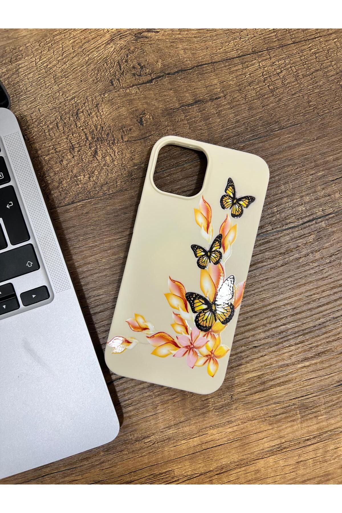 HZR Iphone 14 Bej Çiçekli Kelebek Desenli Silikon Kılıf