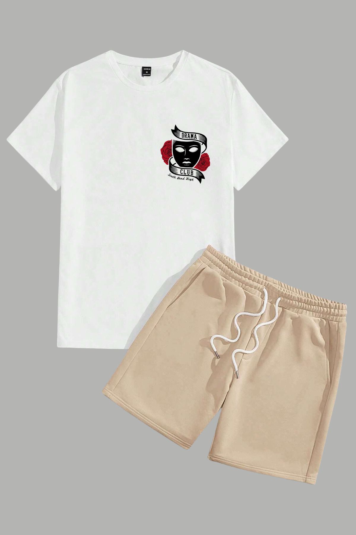 MELADYAN DramaClubÜst Baskılı Beyaz T-shirt Bej Şort Alt Üst Takım
