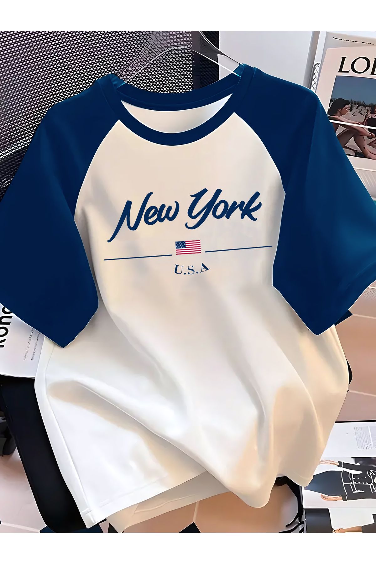 SELF CONTROL Unisex Terletmez Dayanıklı T-Shirt | New York Yazı Tasarım Baskılı Indigo Reglan Kol