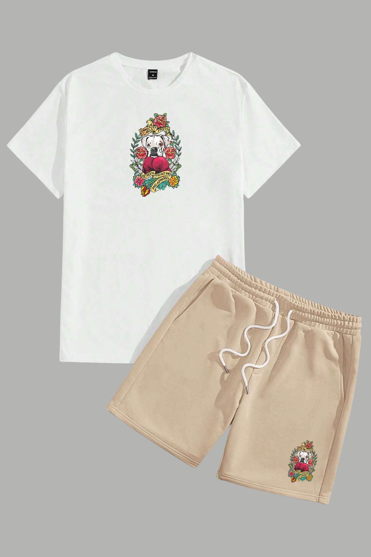 MELADYAN Boksör Köpek Baskılı Beyaz T-shirt Bej Şort Alt Üst Takım