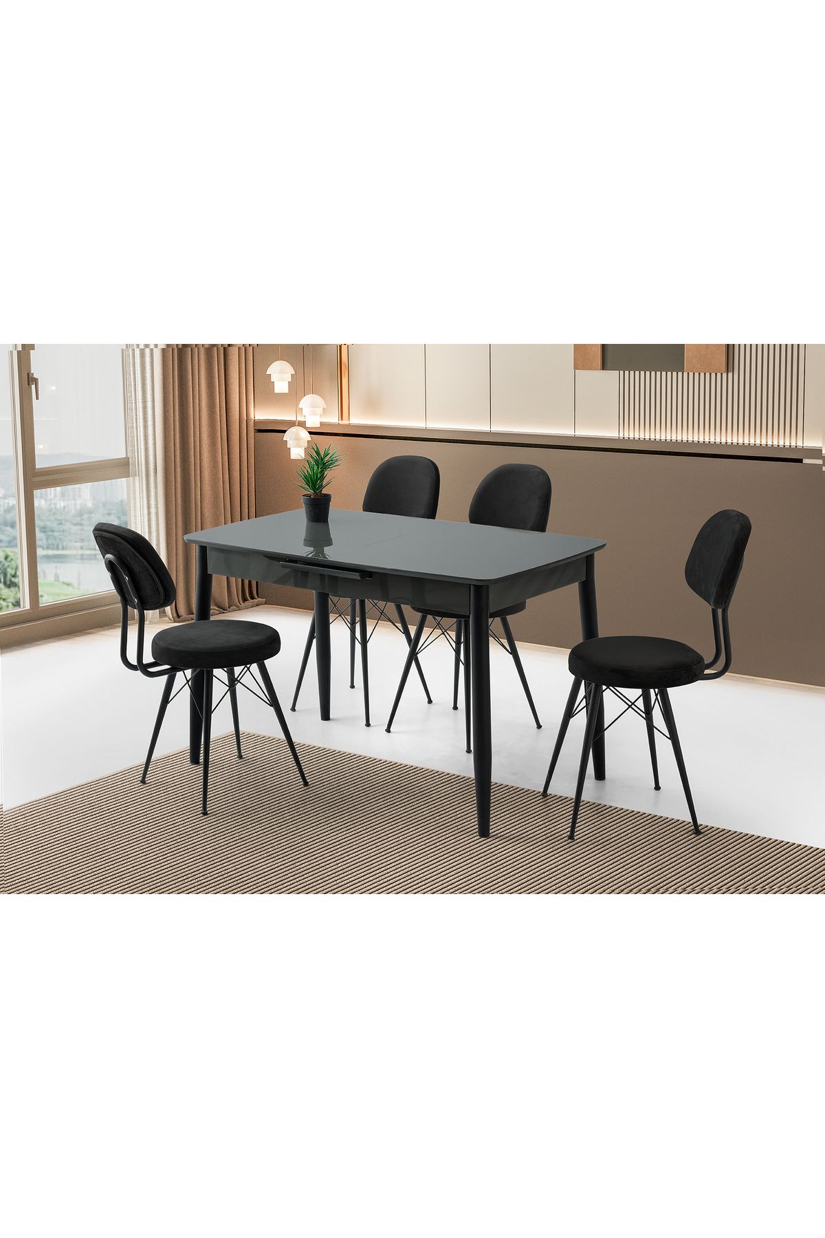 Levent Mobilya Aksesuar MADRİD HG MASA, EYFEL SANDALYE, KOYU GRİ, 120x70