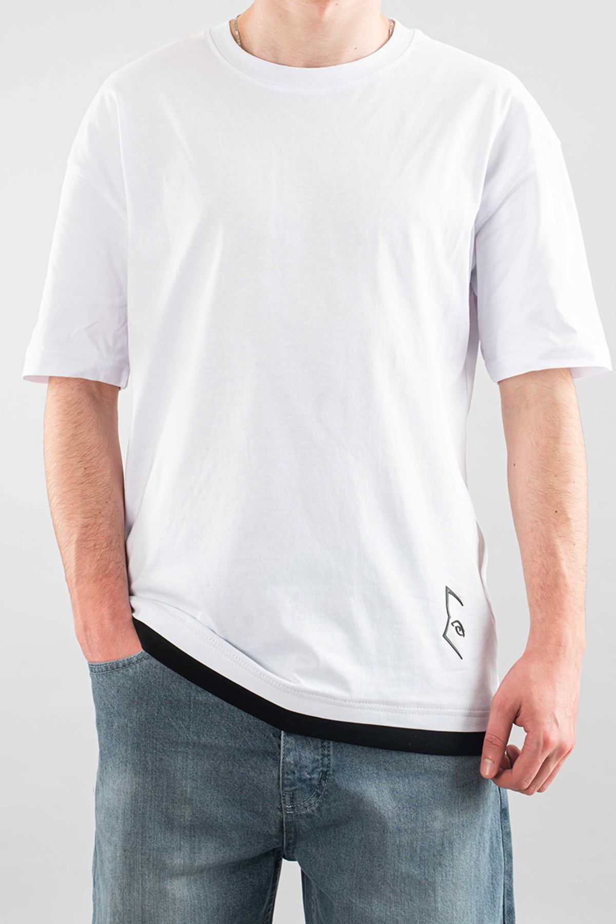 bombe Erkek Özel Bisiklet Yaka Tişört Basic Yarı Owersize Düz Baskılı T-Shirt