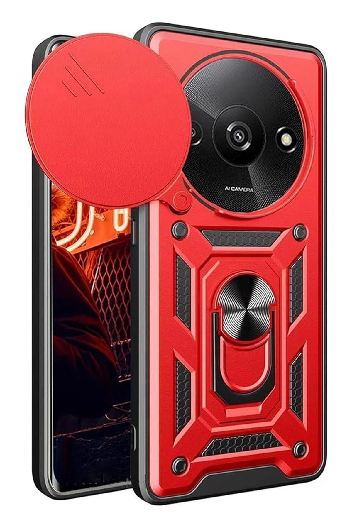 NewFace Xiaomi Redmi A3 4G Kılıf Pars Lens Yüzüklü Silikon - Kırmızı NRMSA