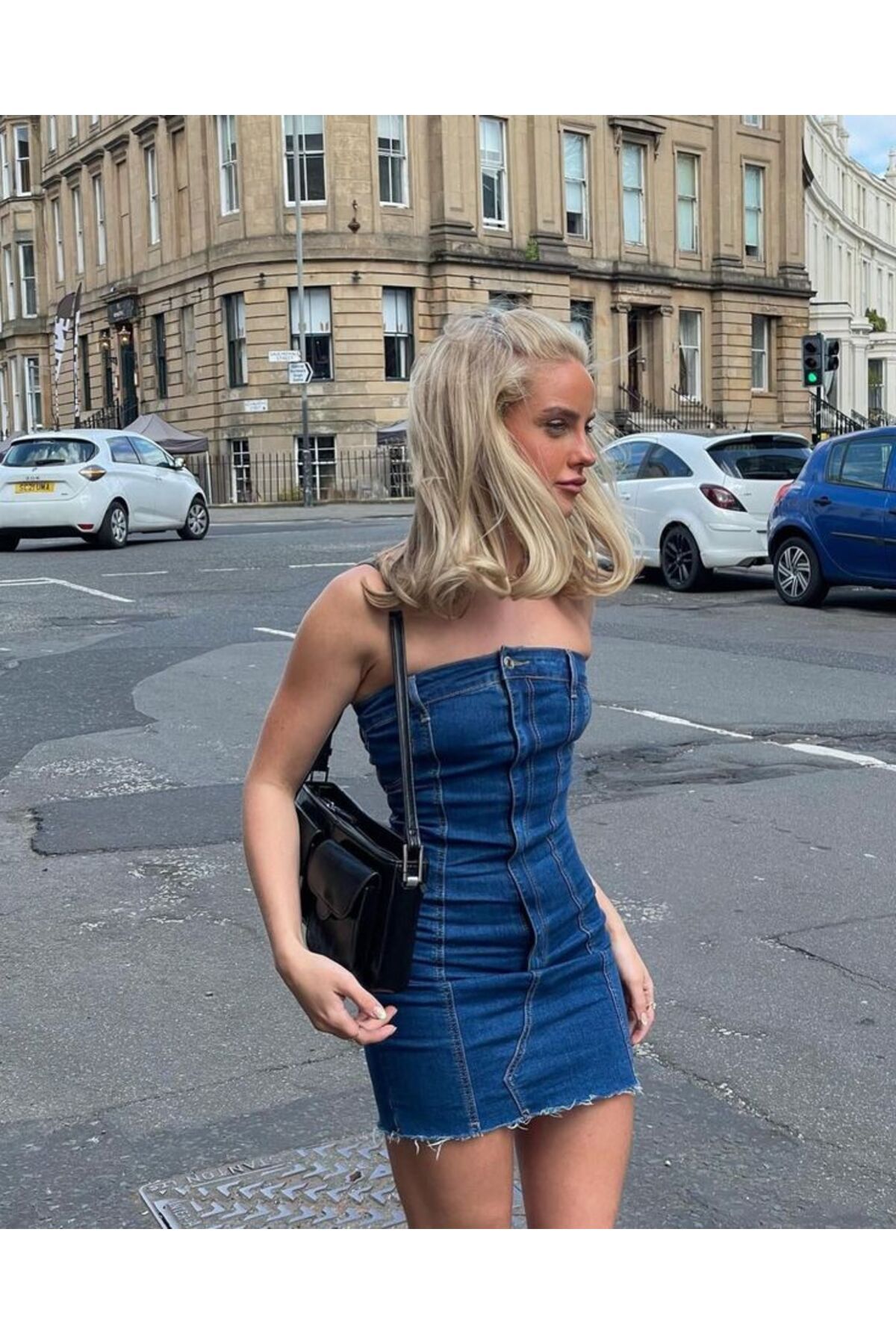 Auralis Studio Straplez Düğme Detaylı Denim Mini Elbise