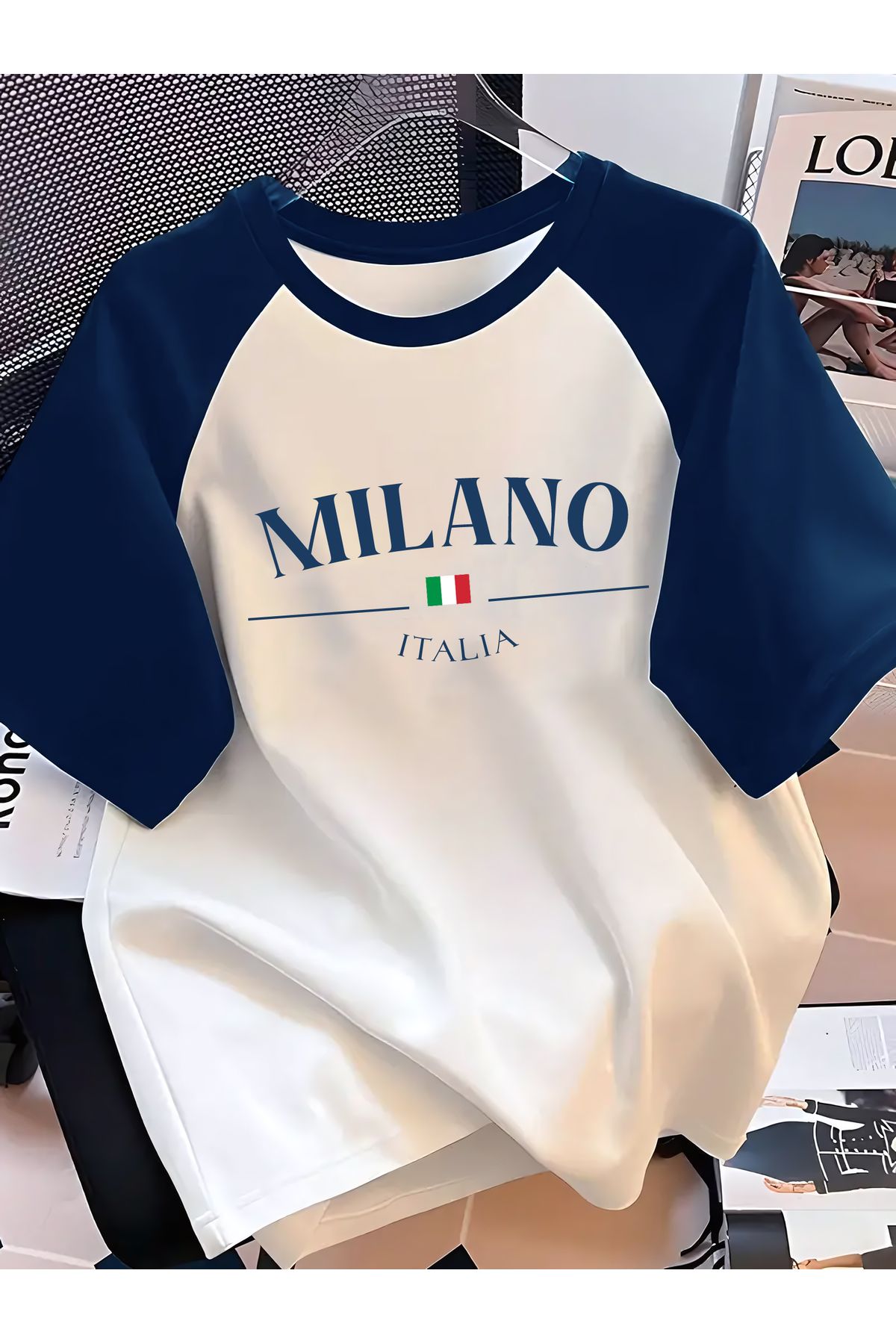 CC STORE Unisex Terletmez Dayanıklı T-Shirt | Milano Yazı Tasarım Baskılı Indigo Reglan Kol