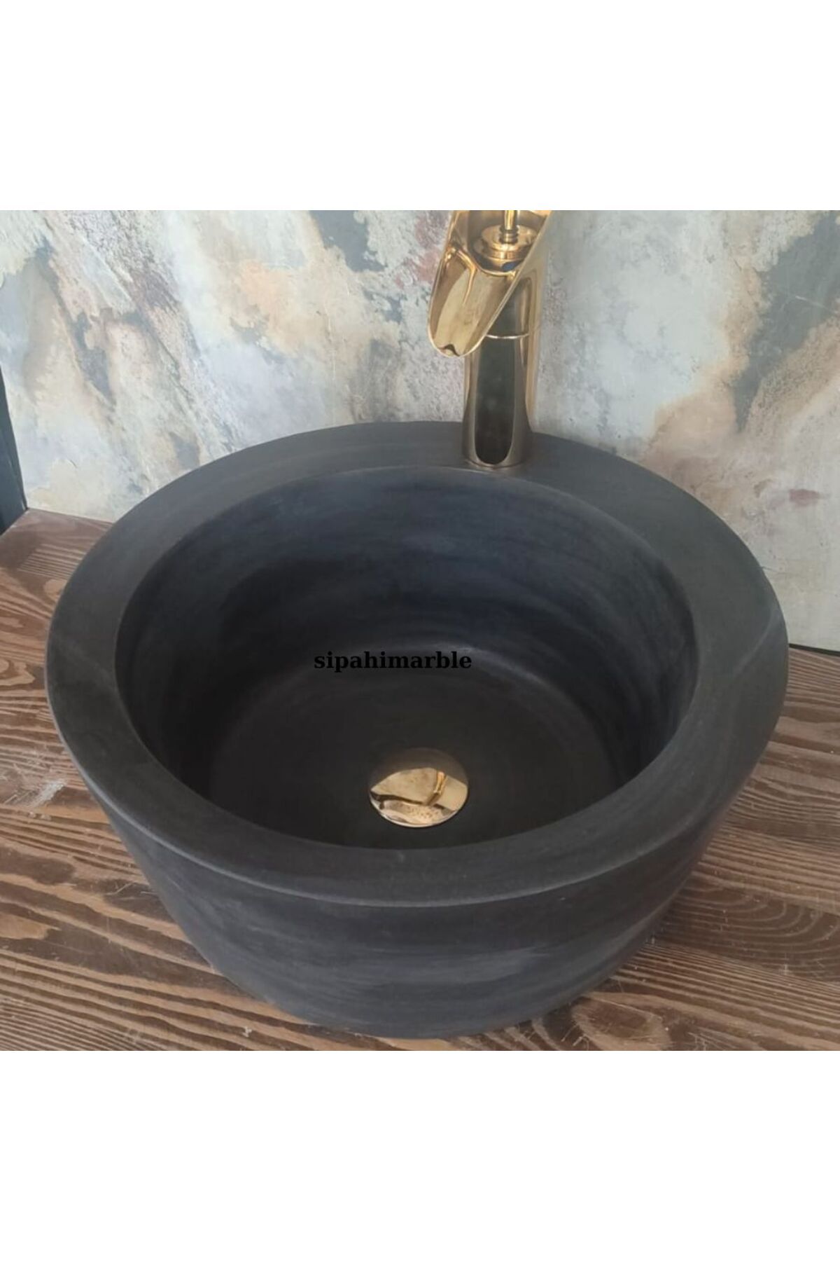 SİPAHİMARBLE Bazalt Siyah Batarya Çıkışlı Yuvarlak Lavabo