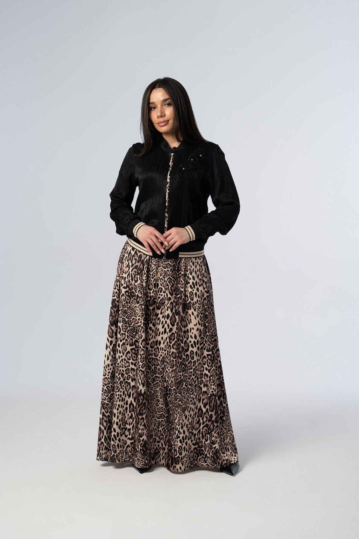 Elaris Exclusive ELARİS Leopar Desenli Saten Etekli Bomber Ceket Takım