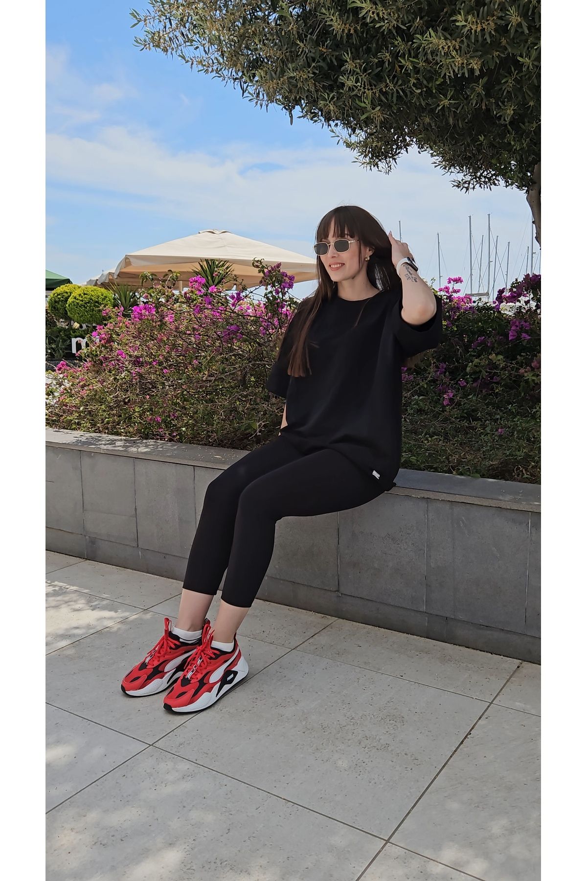 NO BRAND Baskısız Siyah oversize tişört Unisex