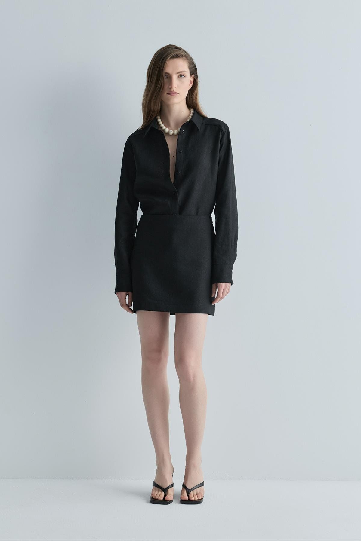 Suud Collection Siyah %100 Keten Nora Basic Etek