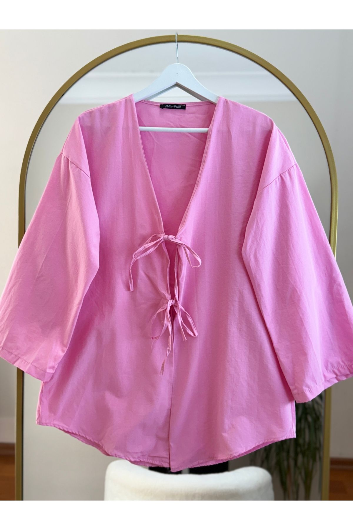 Bahar Altundemir Kadın Önü Bağlamalı Pembe Kimono Poplin Tunik Gömlek Tesettür Kimono Gömlek