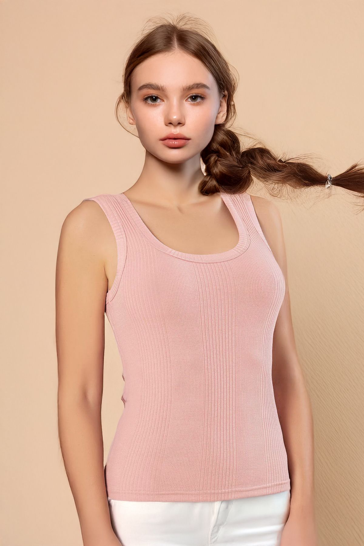Tequeen Kadın Pembe Kolsuz Body Fitilli Kalın Askılı Scoop Yaka Sırtı Açık Bluz Likralı Pamuklu Atlet Üst