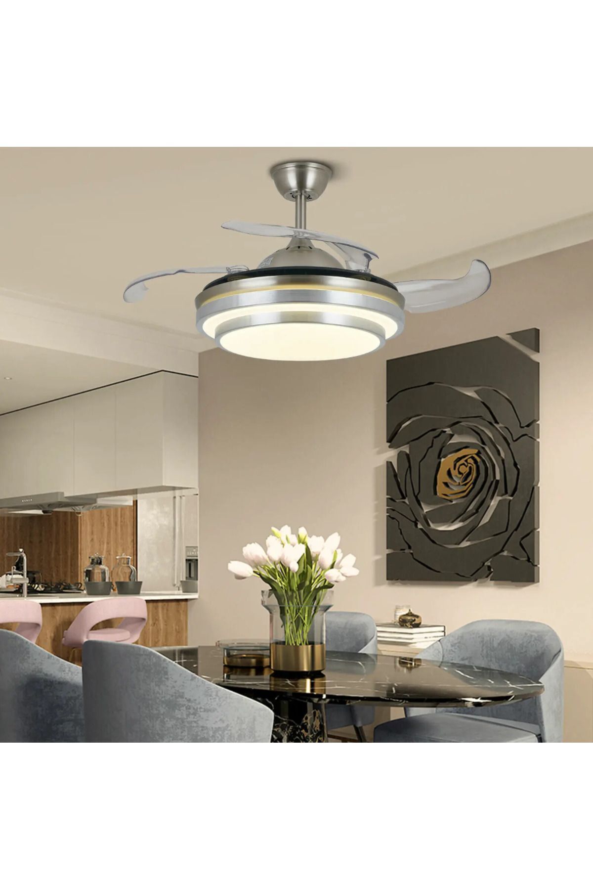 CEILING FAN ILLUMINATED HIDDEN PROPELLER CONTROLLED OPENING-CLOSING WING 3 LIGHT COLORS