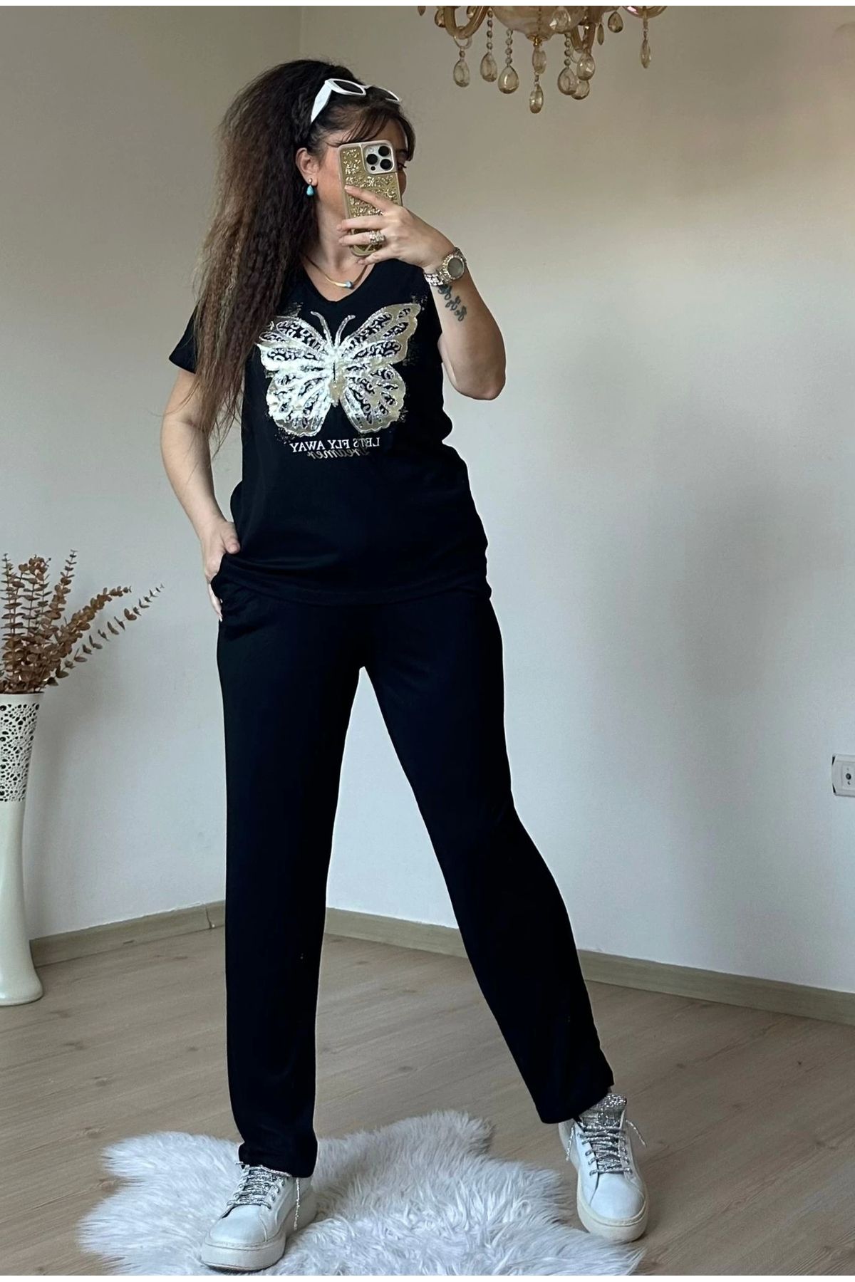 azra moda Varak Baskı Kelebek Takım Siyah