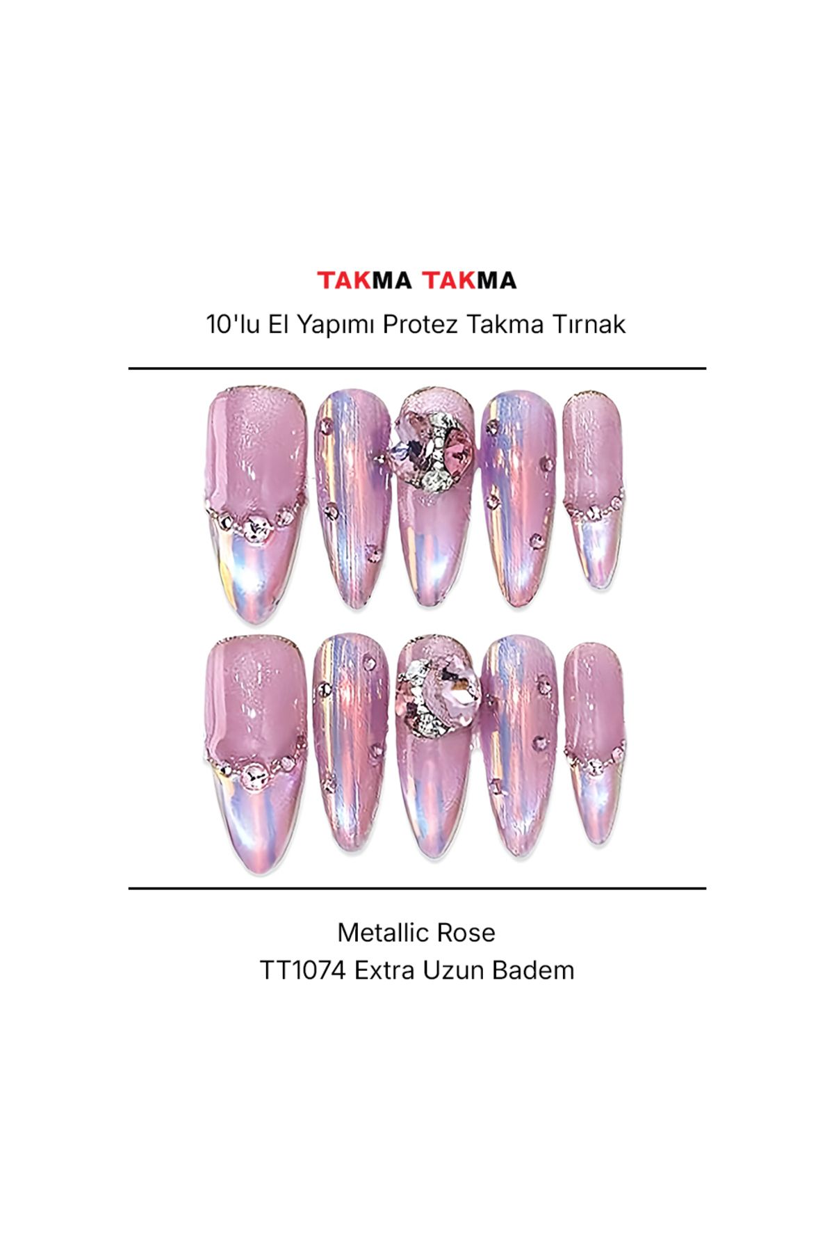 Takma Takma Tekrar Kullanılabilir El Yapımı Protez Takma Tırnak Metallic Rose - 10'lu - TT1074 M-Mor