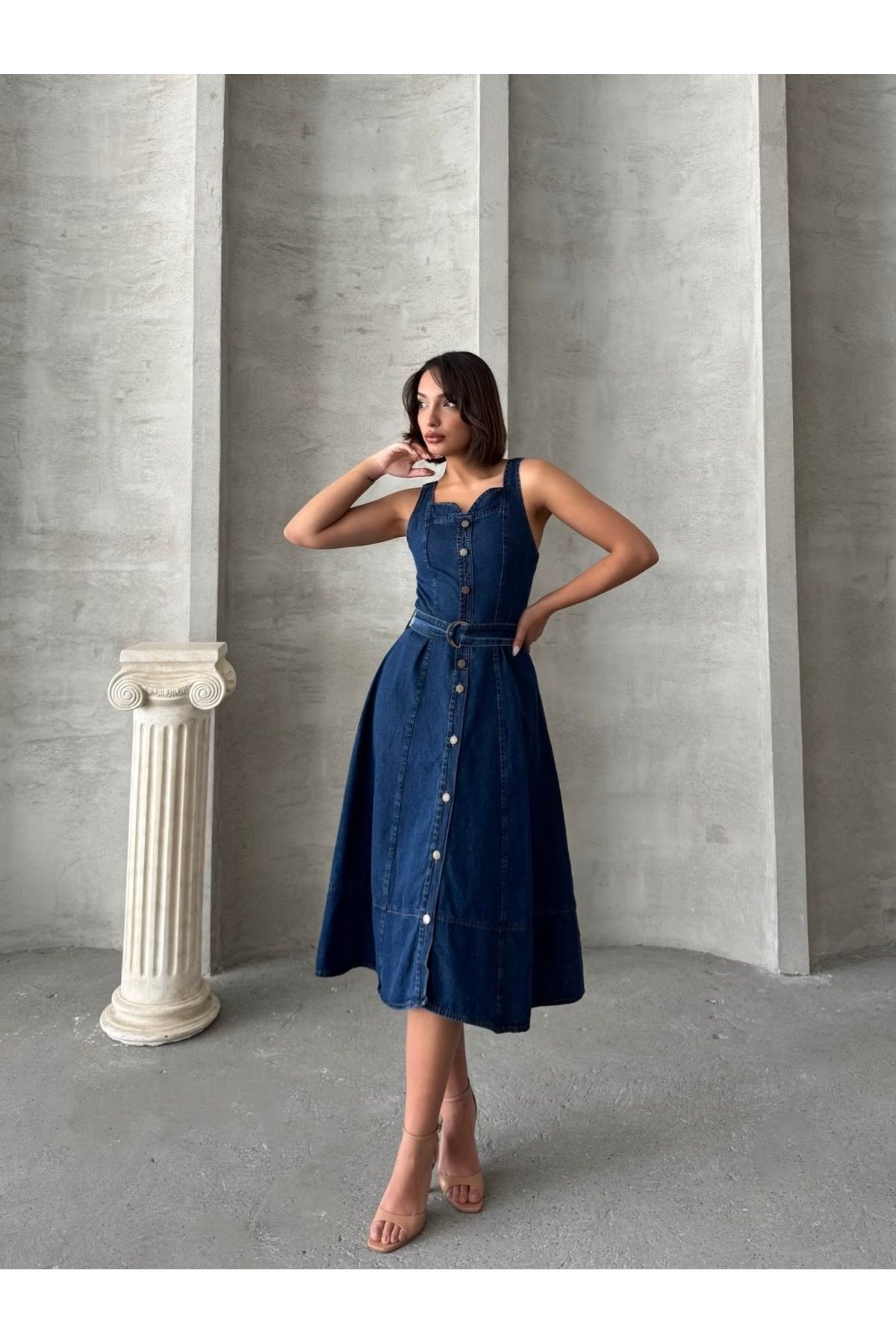 Miss Prova Boydan Düğmeli Kalp Yaka Detaylı Kemerli Denim Elbise MISSEL920