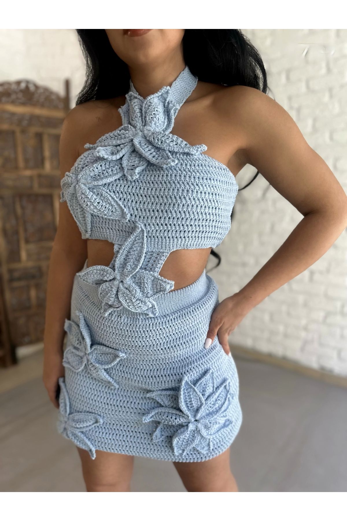 moneta boutique Kadın Çiçek Aplike Detaylı Triko Özel Tasarım Elbise