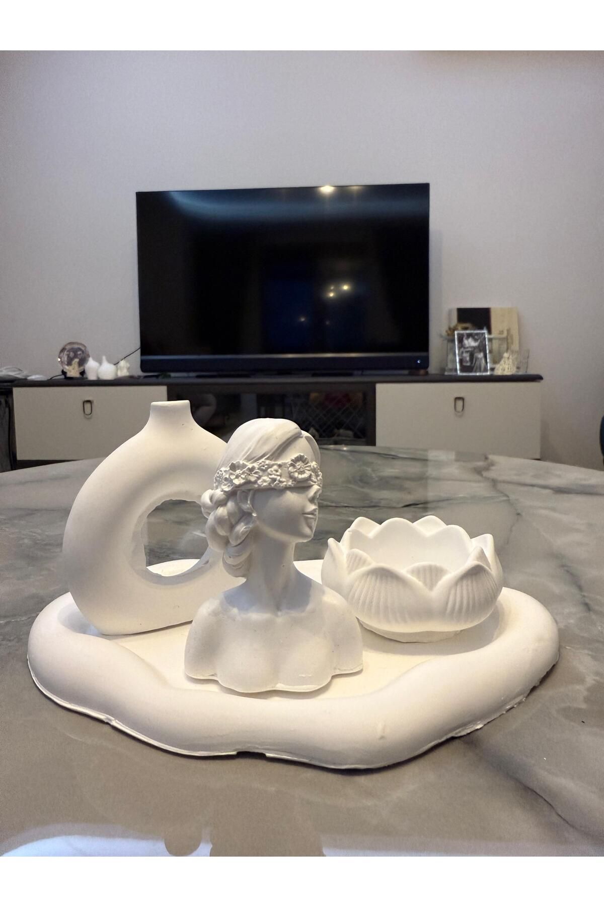Aysili Dekorasyon Taş Tozu Vazo Lotus Mumluk Dekoratif Set