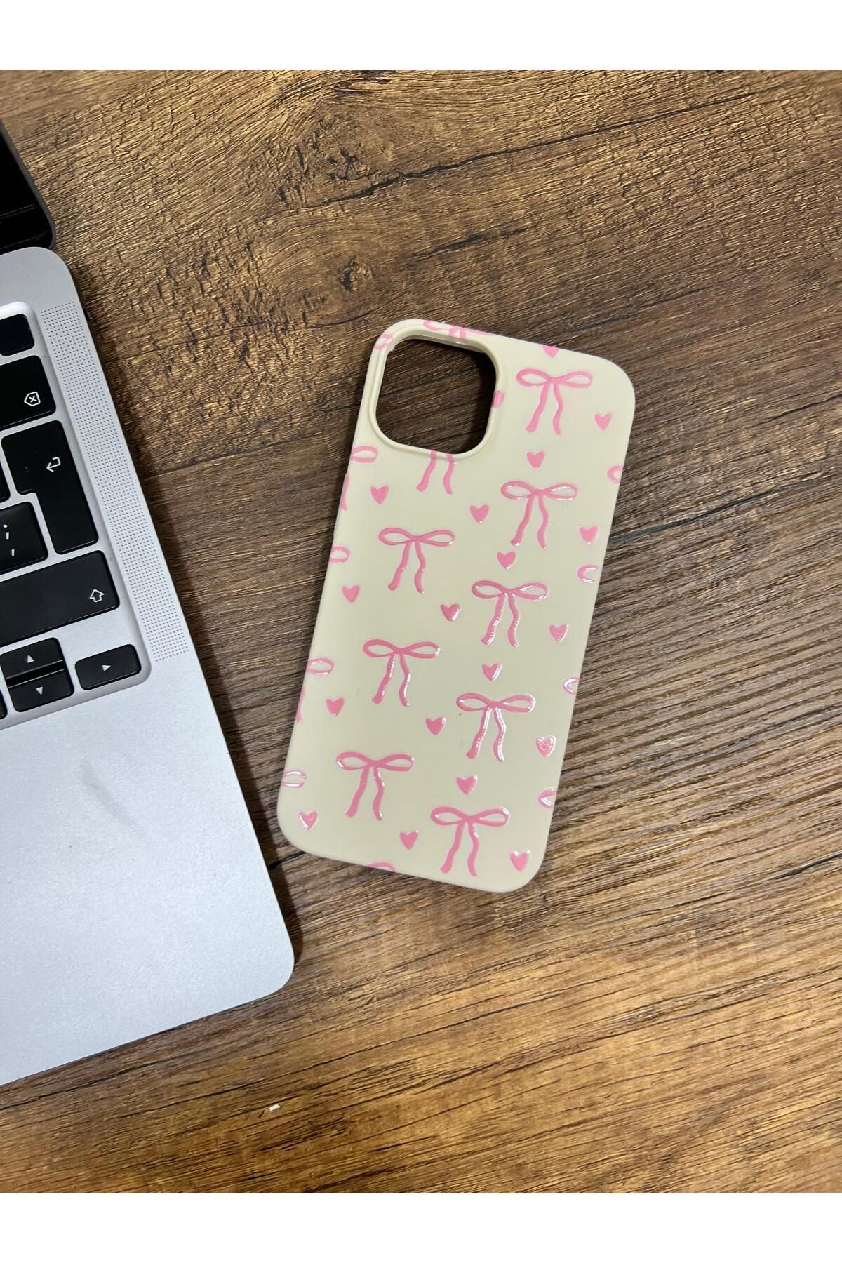 HZR Iphone 13 Bej Küçük Kurdele Desenli Silikon Kılıf
