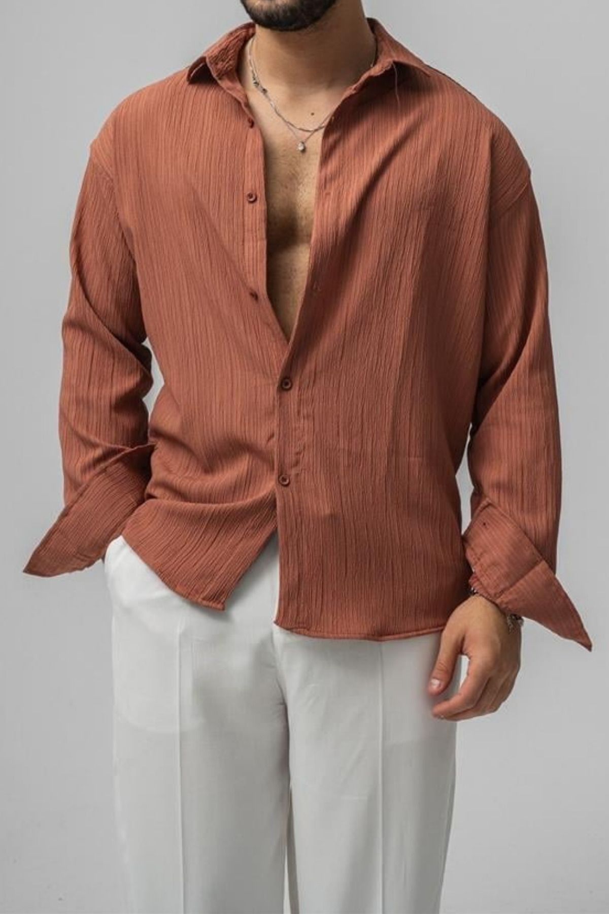 COOL TARZ Erkek Kiremit Embossed Oversize Gömlek