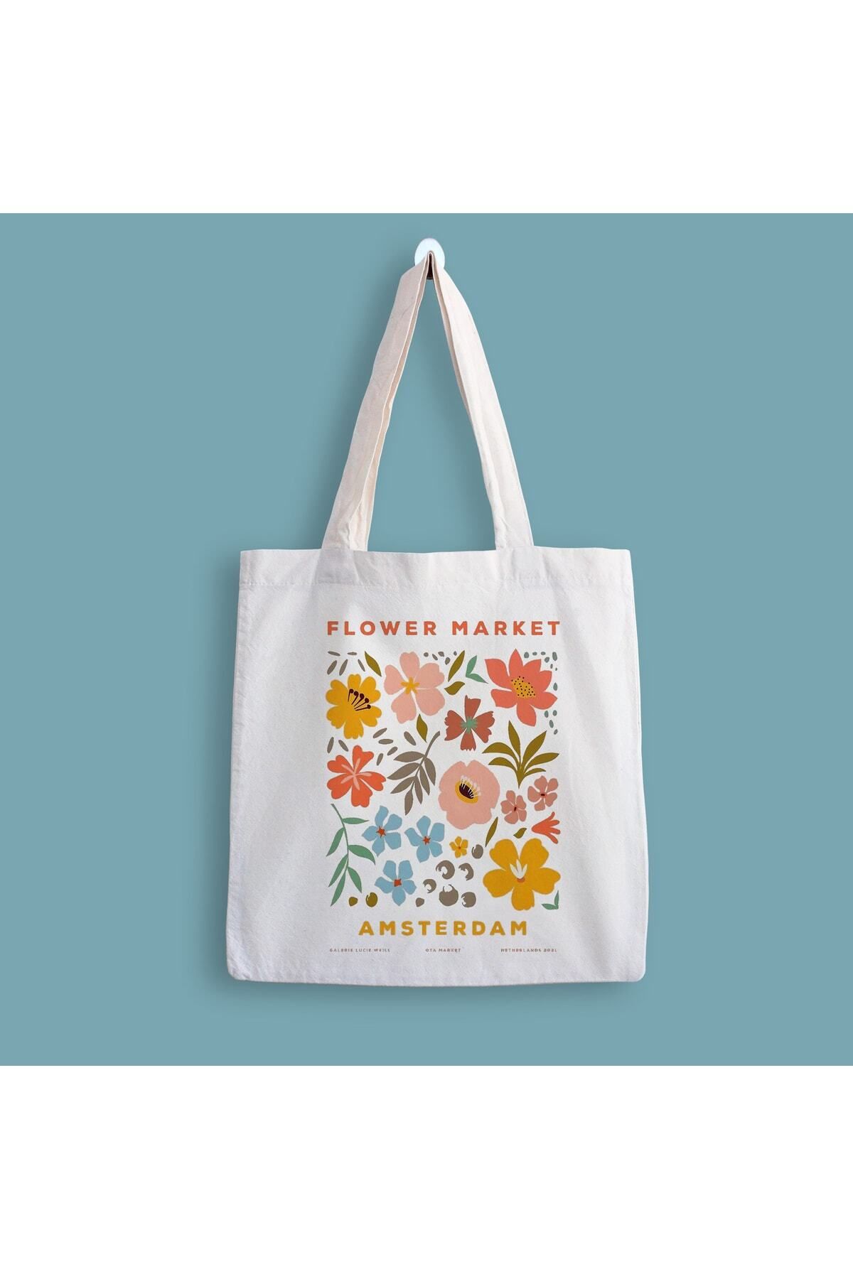 BİBANAPROMOSYON Flower Market Amsterdam Baskılı Bez Çanta