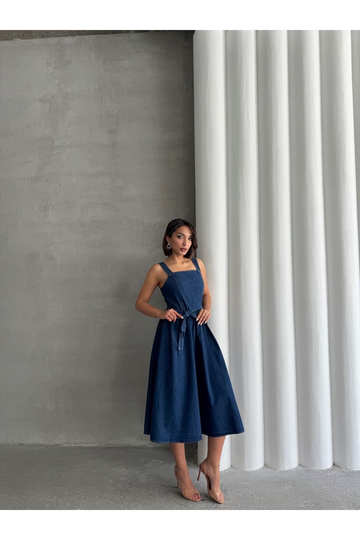 Miss Prova Kare Yaka Kuşak Detaylı Denim Elbise MISSEL8995
