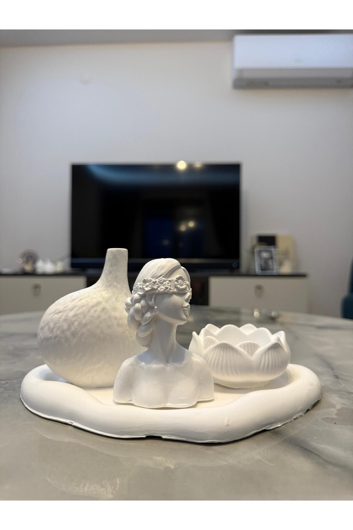Aysili Dekorasyon Taş Tozu Vazo Lotus Mumluk Dekoratif Set