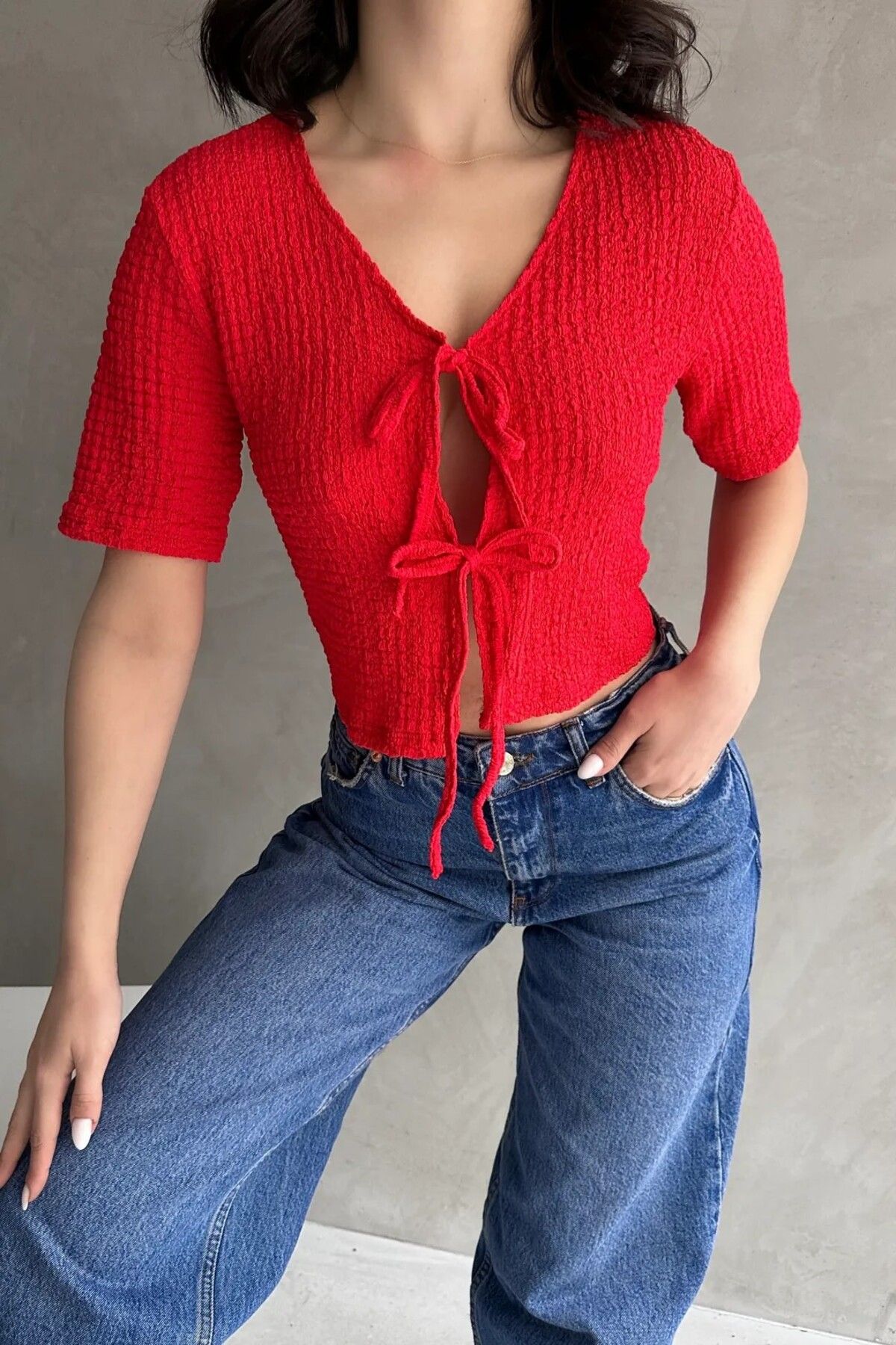 H&E LUXURY DESIGN Kadın Önü Bağlamalı Gofre Crop Bluz