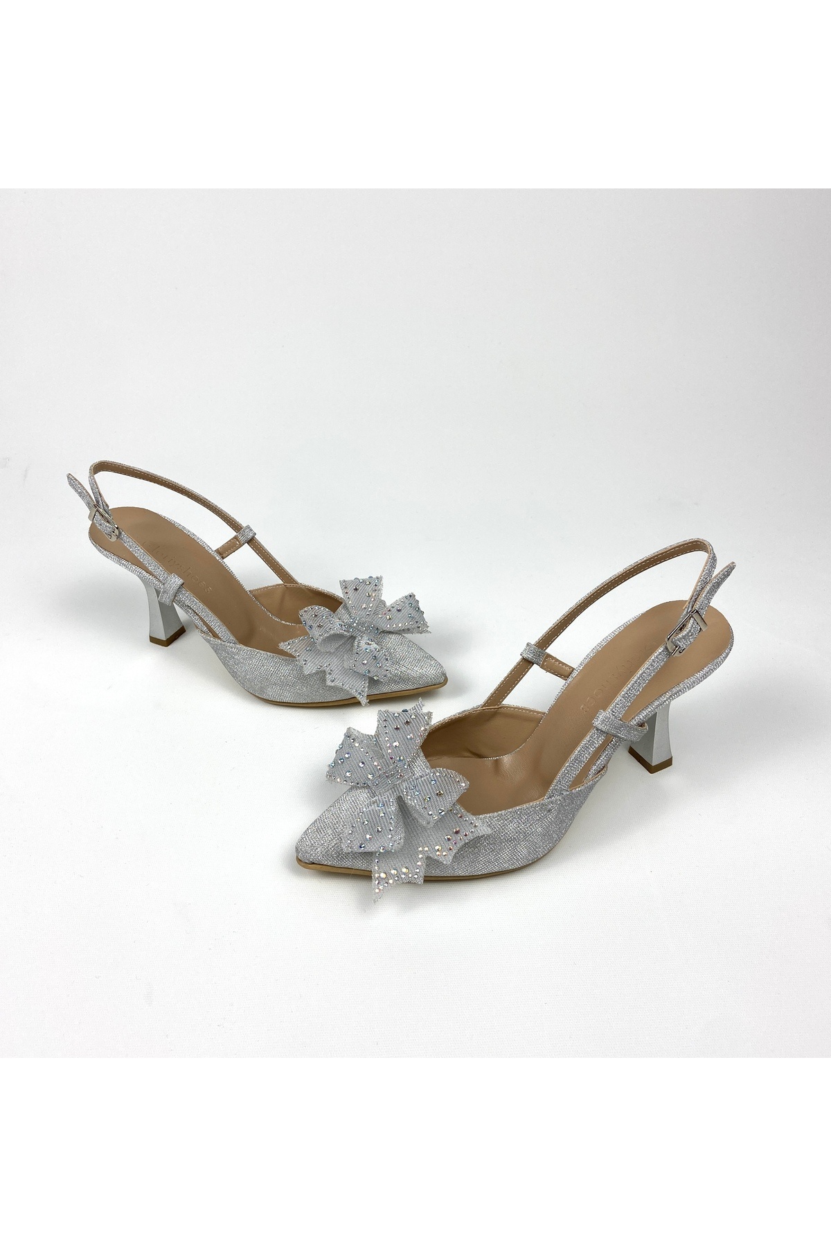 Gloriys Ayakkabı & Çanta-Silver Glitter Bow 9 cm High Heel Shoes 01483 3