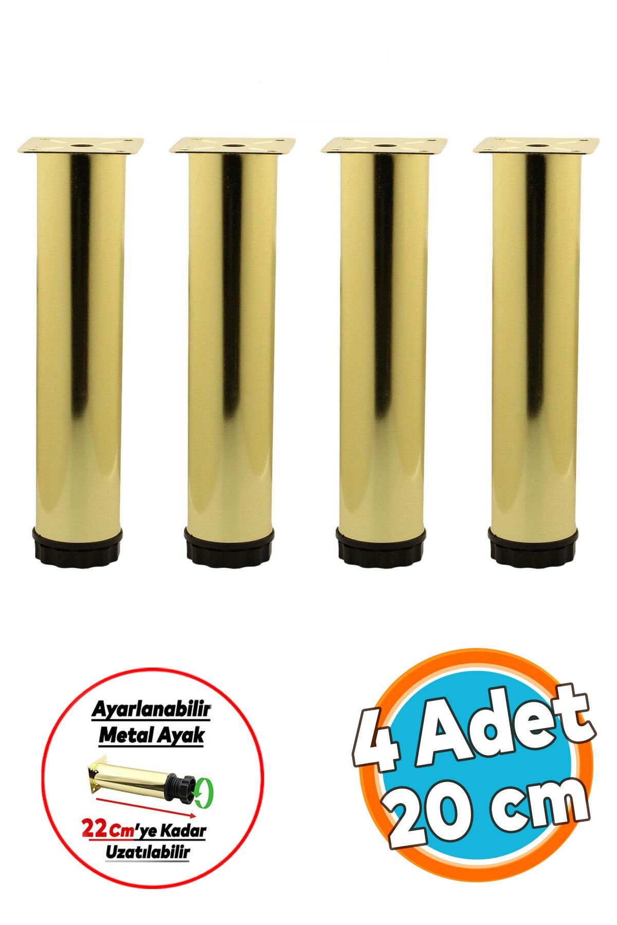 NZB Mobilya Kanepe Sehpa TV Ünitesi Koltuk Ayağı Ayarlanabilir 20 cm Gold Altın Metal Baza Ayak 4 Adet