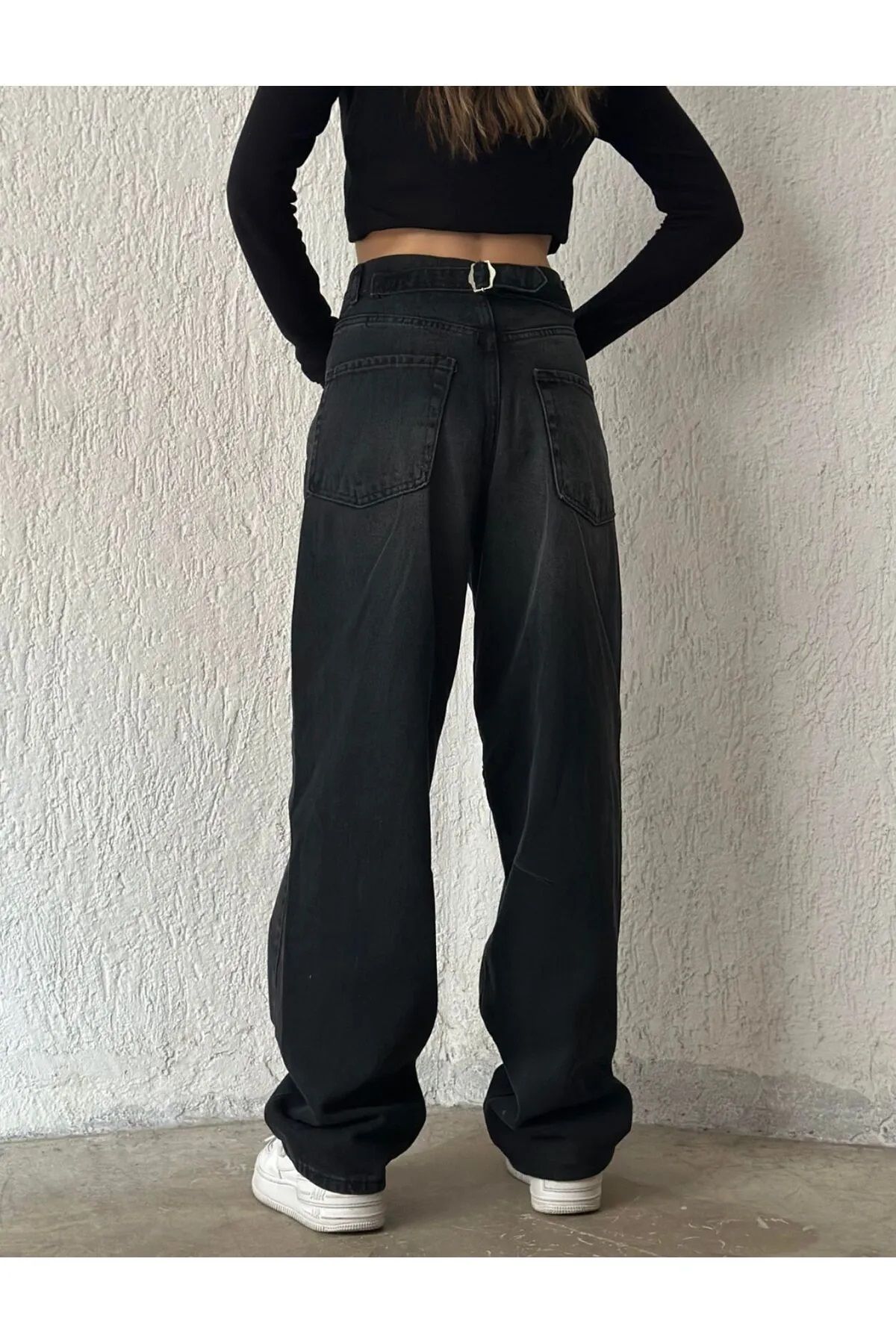 KADREZZ COLLECTİON im Siyah Toka Detaylı Bol Kesim Geniş Paça Rahat Baggy Jean Kot Salaş Kadın Pantolon Balon
