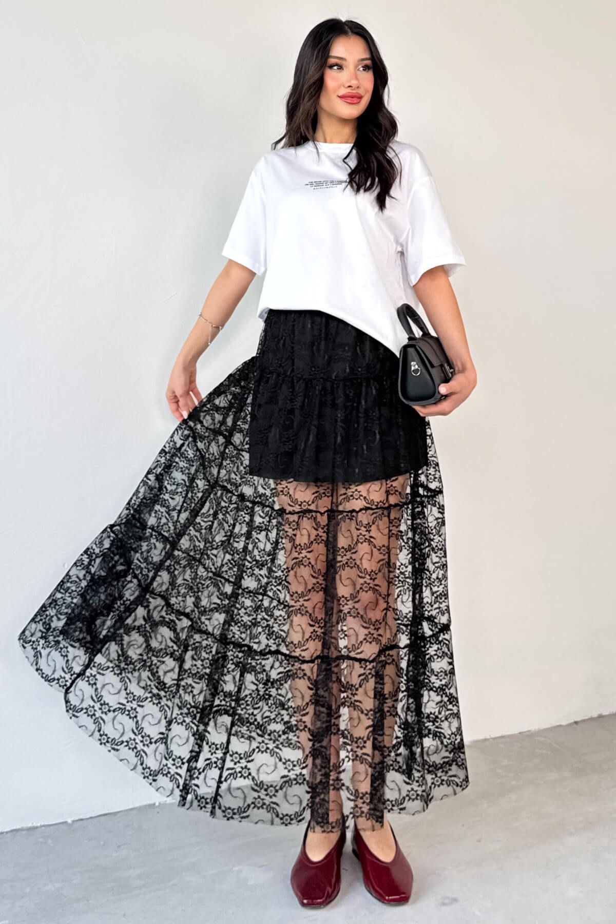 Cappmoda ETK-02336 Siyah Astar Detaylı Çiçek Desenli Tül Katlı Yazlık Etek