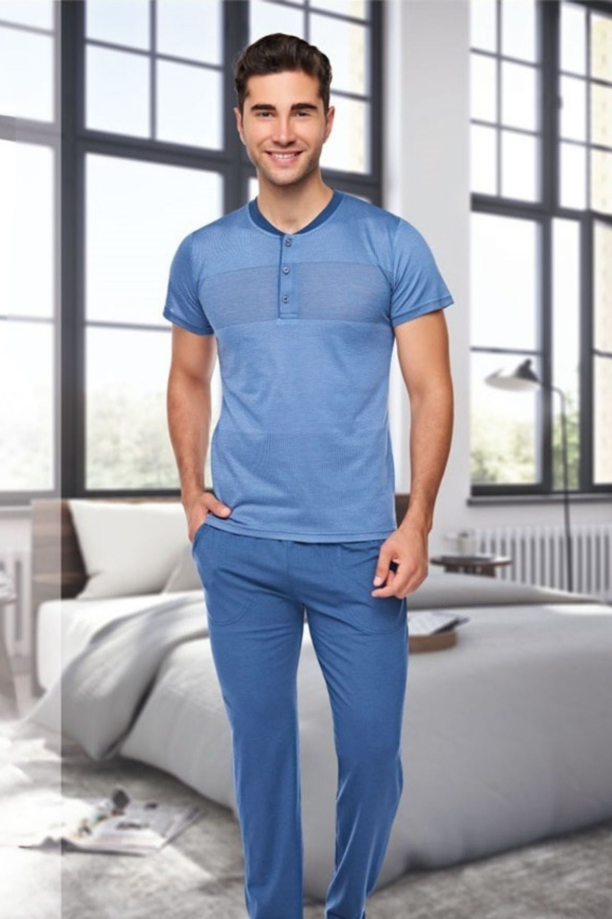 Cotpark Erkek Pamuklu Likralı Kısa Kollu Basıc Tişört Pantolon Pijama Takımı 559