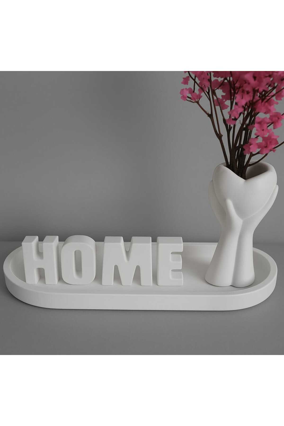 Beton Vazo Ve Home Yazısı Oval Tabak Set