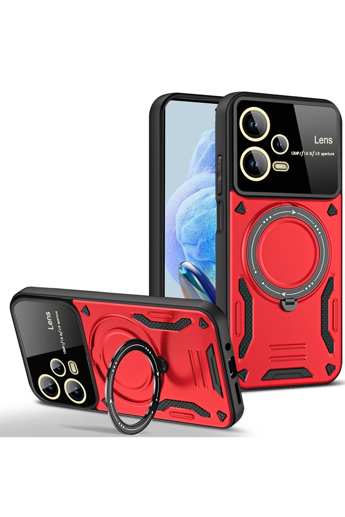 NewFace Xiaomi Redmi Note 12 Pro 5G Kılıf Joy Lens Standlı Kapak - Kırmızı NRMSA