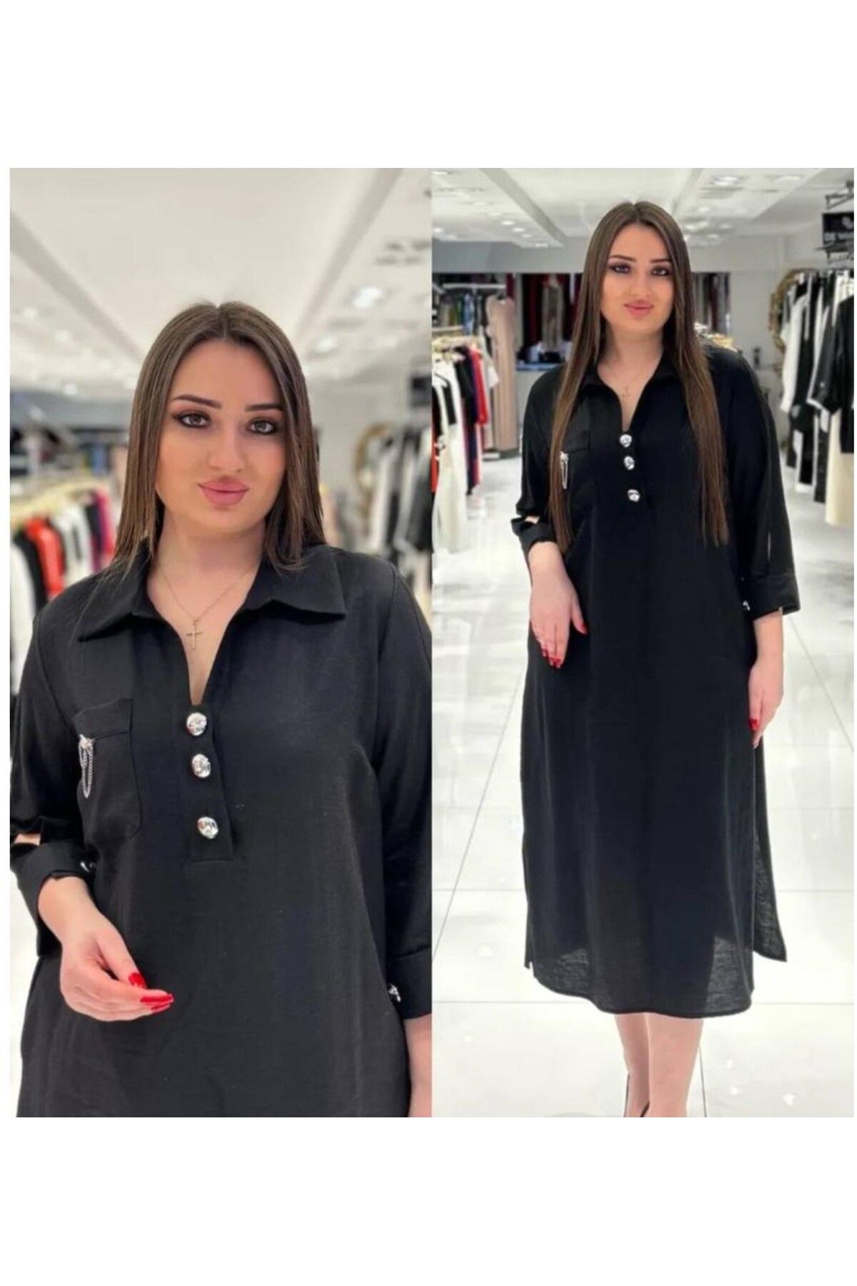 DE WHITES BÜYÜK BEDEN GÖĞÜS KISMI CEPLİ VE AKSESUAR DETAYLI ELBİSE