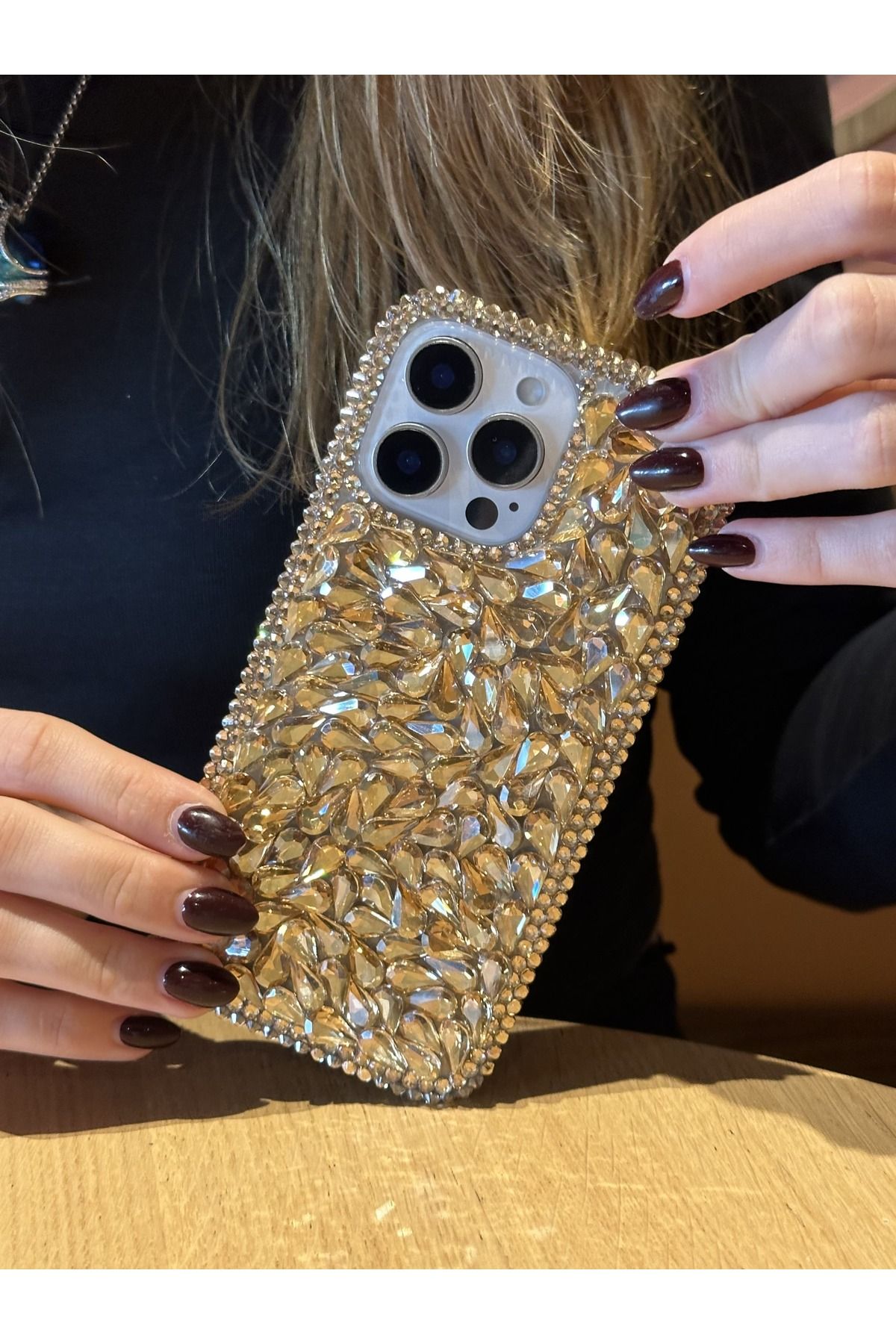 Paladyum Case iPhone 15 Pro Max Uyumlu Lüks Gold Kristal Taşlı Kılıf