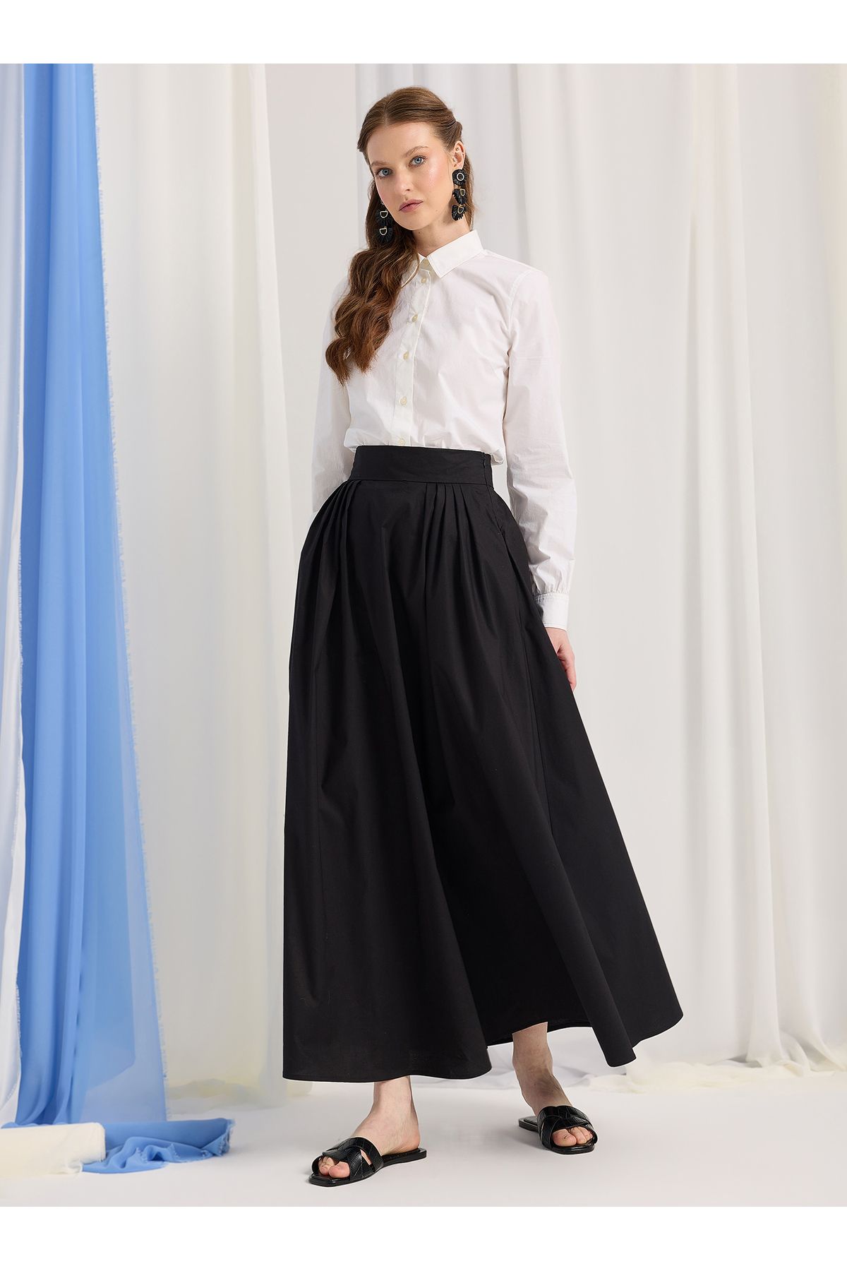 Store Wf 100% Poplin Pamuk Kadın Siyah Pileli Maxi Etek