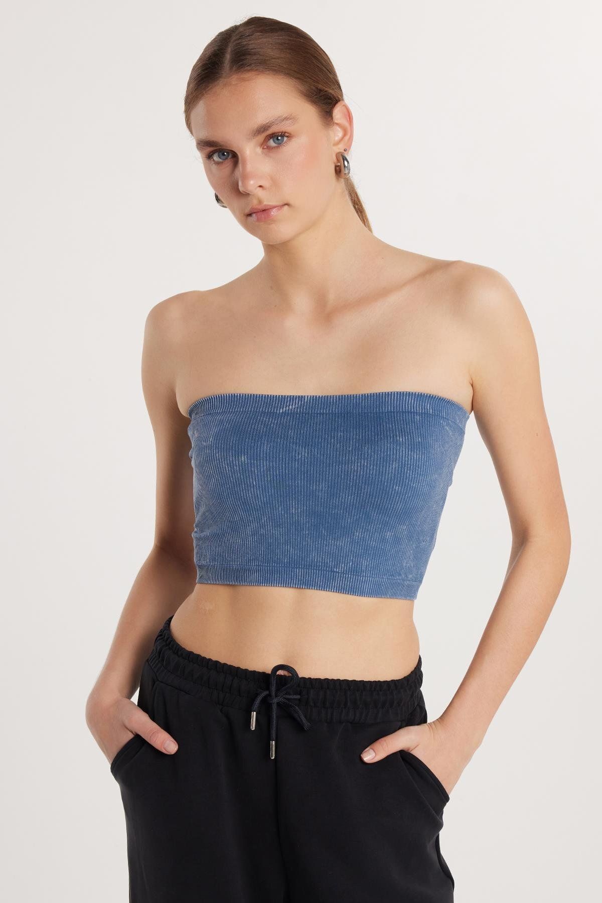 Tudors Kadın Slim Fit Dar Kesim Straplez Dikişsiz İndigo Crop Atlet