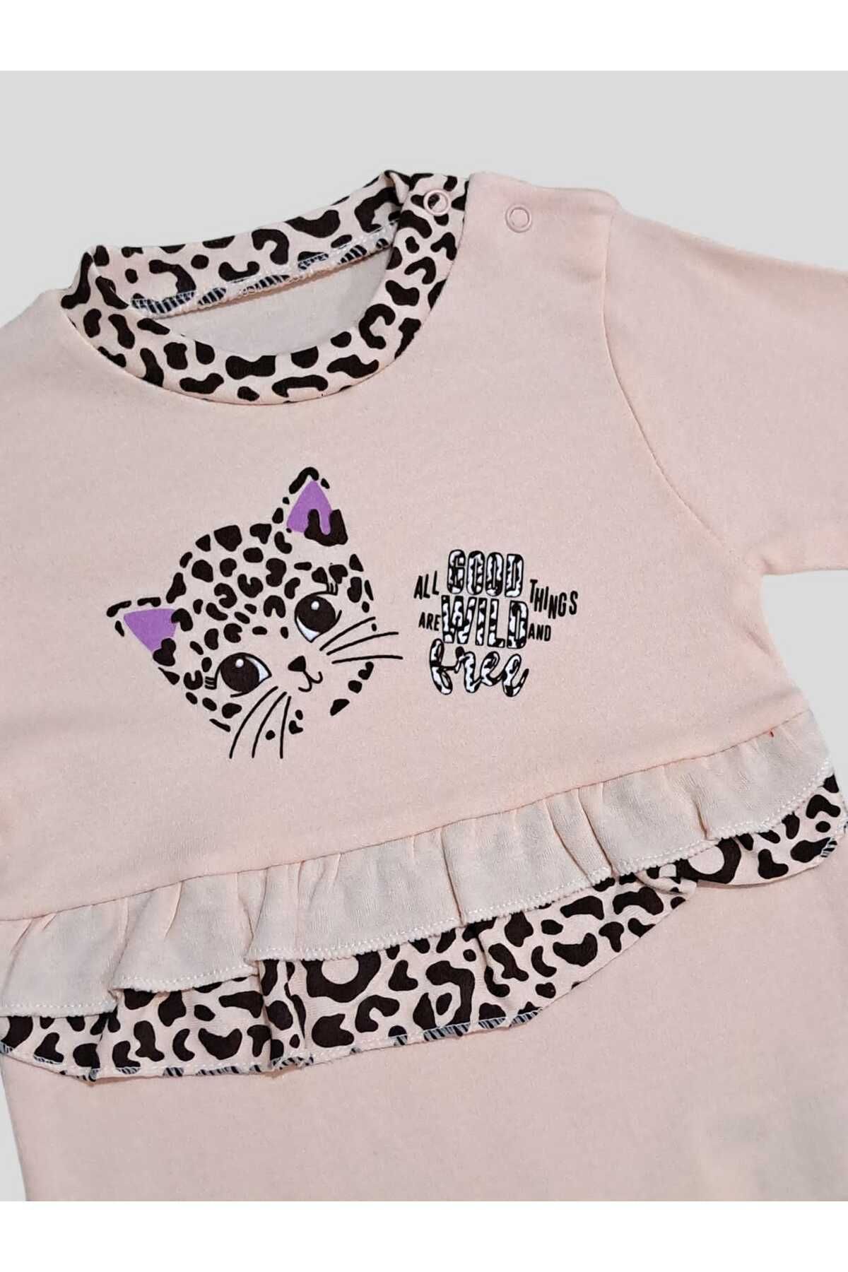 Nimini Kids Leopar Desenli Fırfırlı Somon Kız Bebek Çıtçıt Kapamalı Tulum