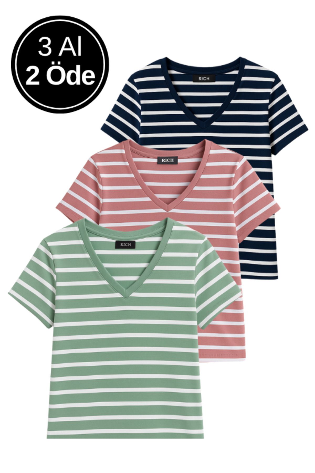 Rich Kadın 3'lü Paket Yeşil-Pembe-Mavi Crop Tişört Pamuk V Yaka T-Shirt