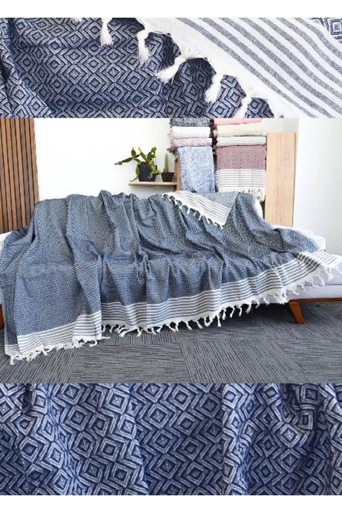 9Renk Pamuklu Koltuk Çekyat Örtüsü Lacivert Rengi Saçaklı 200 X 220 Cm Ebatında Koltukta Kayma Yapmaz