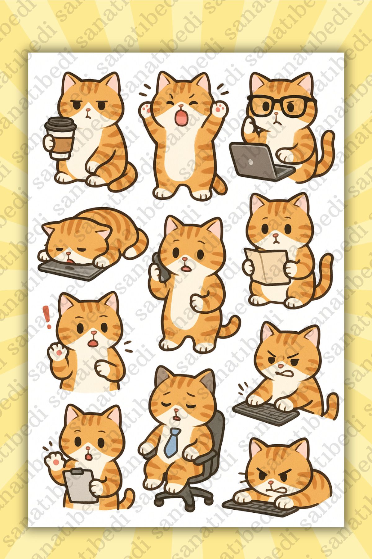 sanatıbedi Sevimli Ofis Kedileri Komik Kedi Sticker - Laptop Tablet Ajanda Journal Motor Kask için Etiket