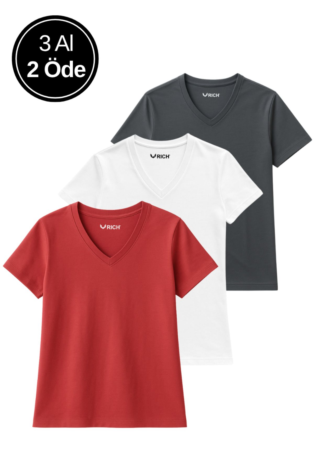 Rich Kadın 3'lü Paket Antrasit-Beyaz-Kırmızı Oversize Tişört %100 Pamuk V Yaka T-Shirt