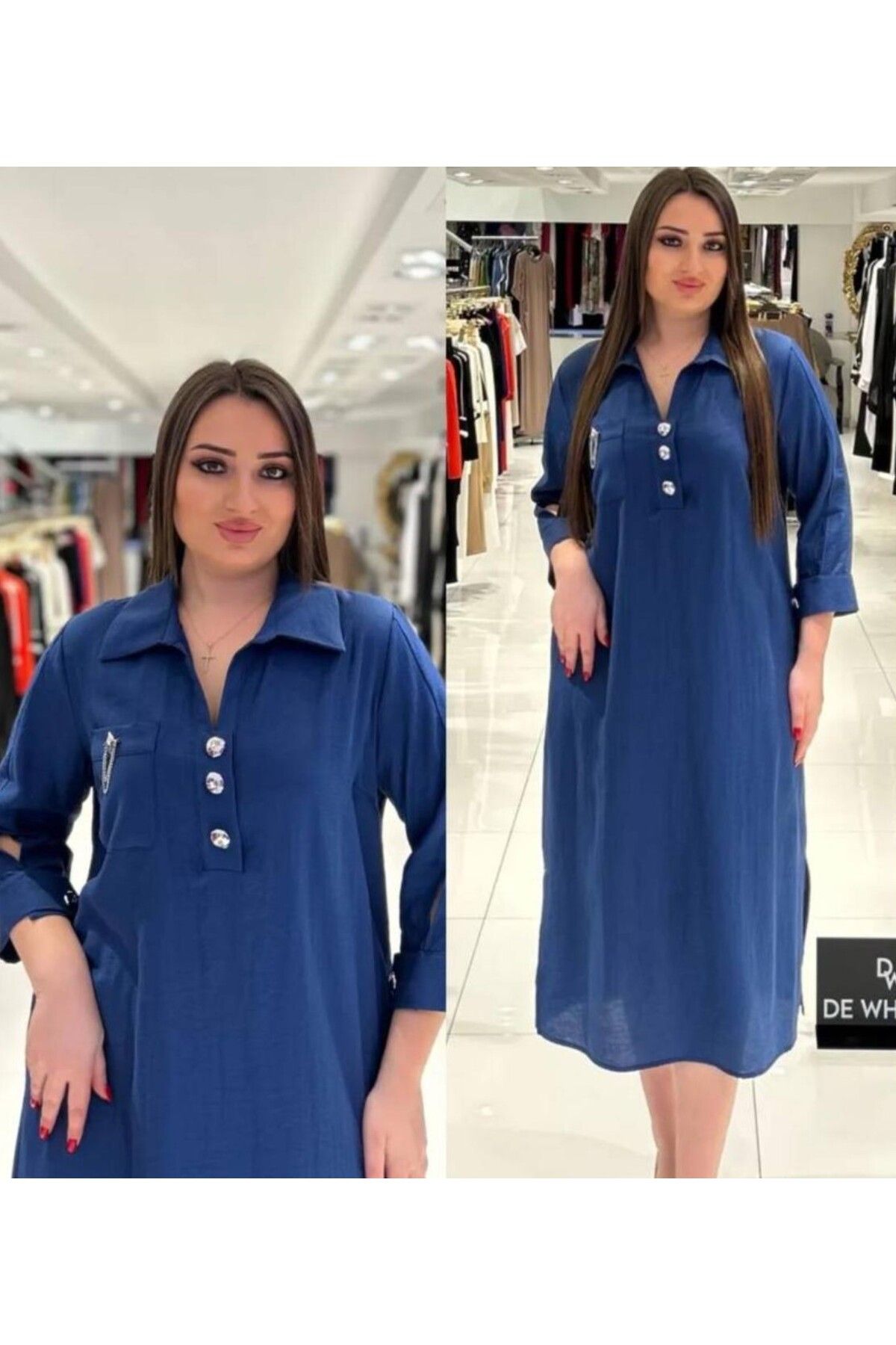 DE WHITES BÜYÜK BEDEN GÖĞÜS KISMI CEPLİ VE AKSESUAR DETAYLI ELBİSE