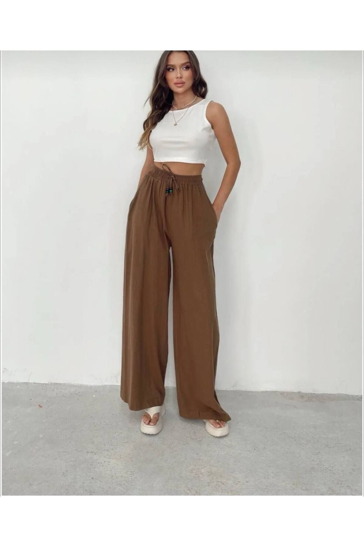 TİENDEROPA Kadın Boncuklu Oversize Keten Pantolon