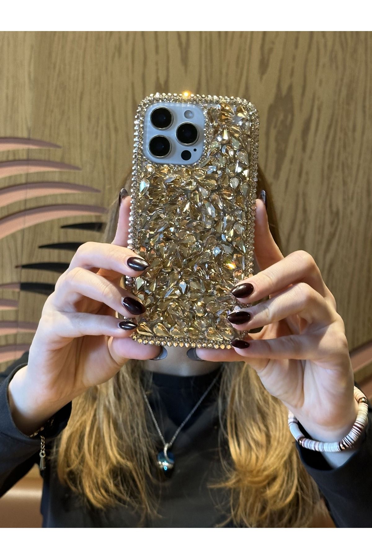 Paladyum Case iPhone 15 Pro Uyumlu Lüks Gold Kristal Taşlı Kılıf