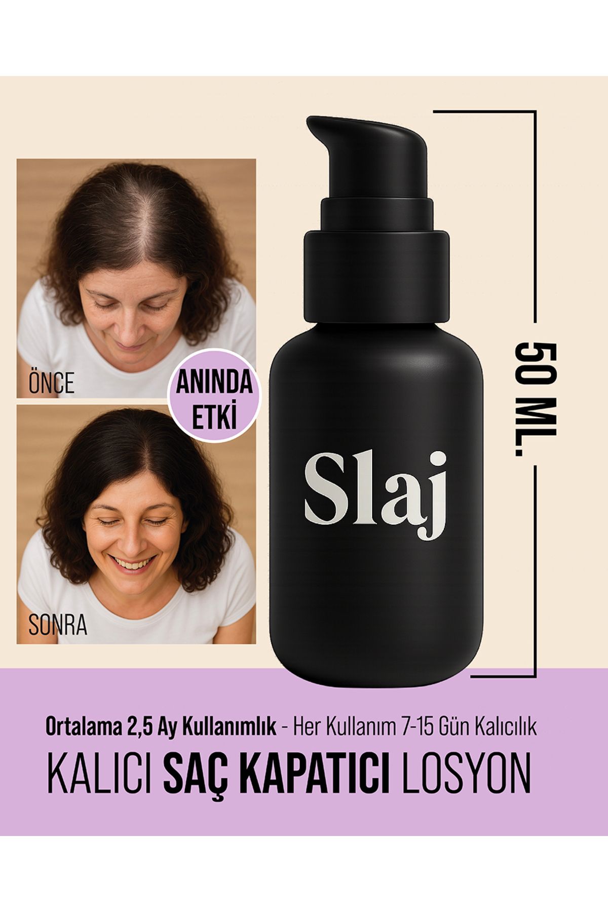 Slaj Seyrek Saç Kapatıcı Kalıcı Losyon – Anında Hacimli Doğal Görünüm- Kadınlara Özel Formül - 50ml