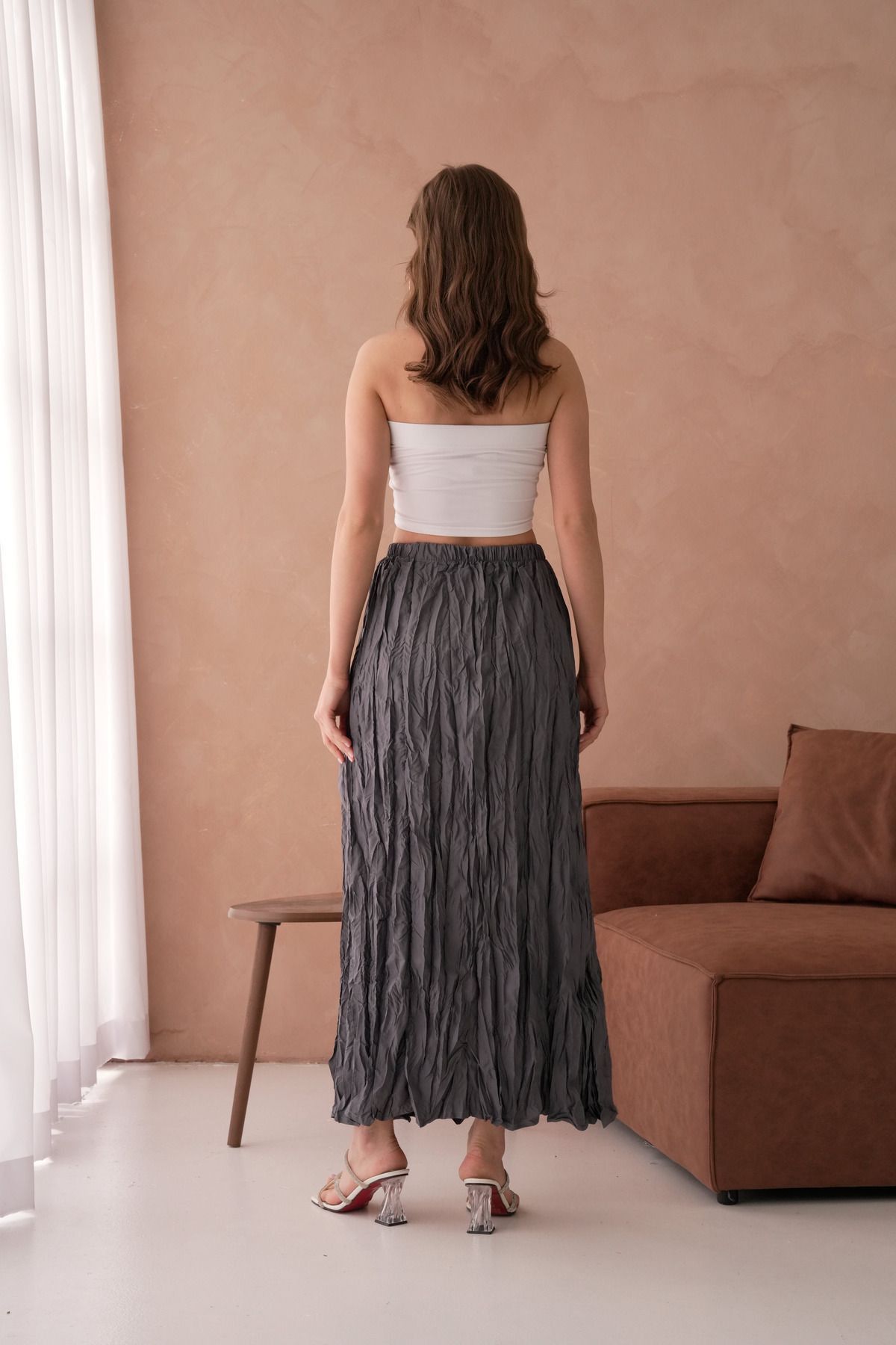 Modayıldızlar-Gray Wrinkled Pocketless High Waist Women's Midi Skirt 3