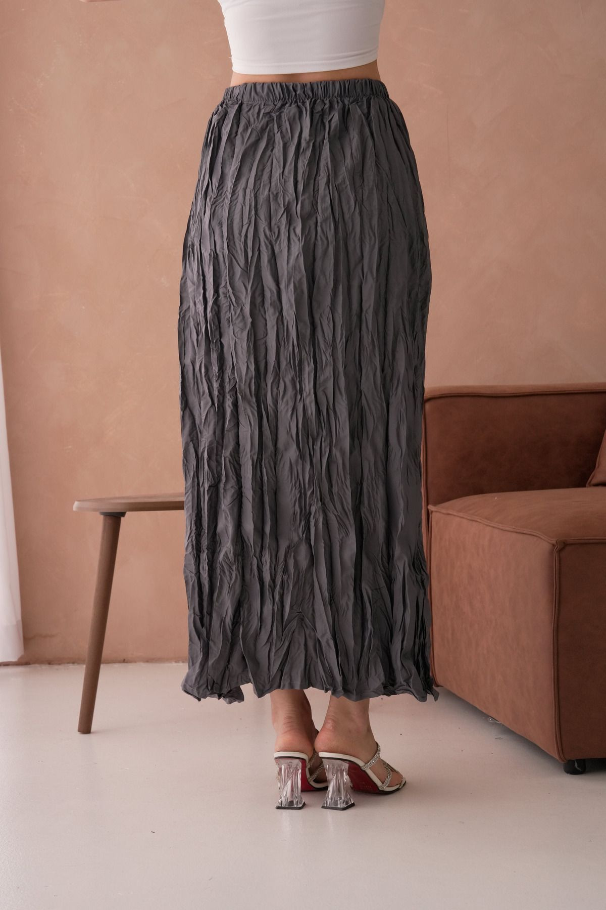 Modayıldızlar-Gray Wrinkled Pocketless High Waist Women's Midi Skirt 4